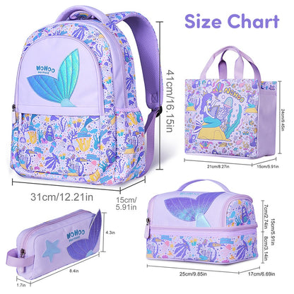 NOHOO Kids 16 Inch School Bag with Lunch Bag, Handbag and Pencil Case (Set of 4) Mermaid - Purple