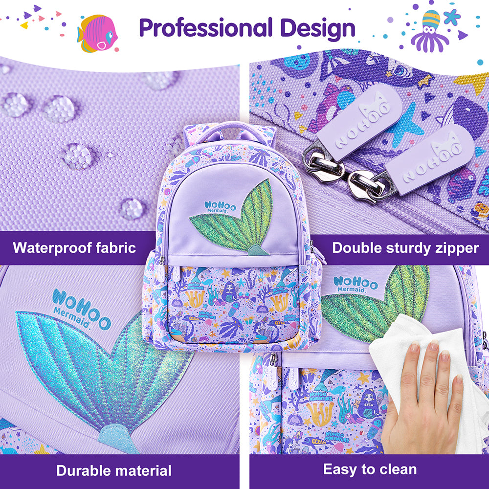 NOHOO Kids 16 Inch School Bag with Lunch Bag, Handbag and Pencil Case (Set of 4) Mermaid - Purple