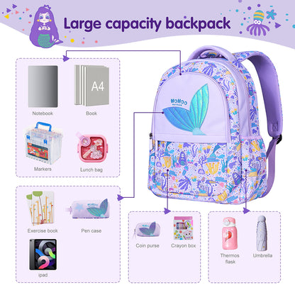 NOHOO Kids 16 Inch School Bag with Lunch Bag, Handbag and Pencil Case (Set of 4) Mermaid - Purple
