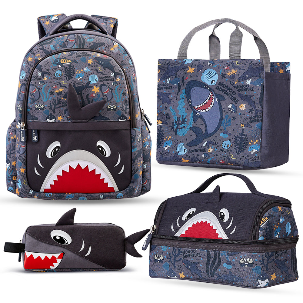 NOHOO Kids 16 Inch School Bag with Lunch Bag, Handbag and Pencil Case (Set of 4) Shark - Grey