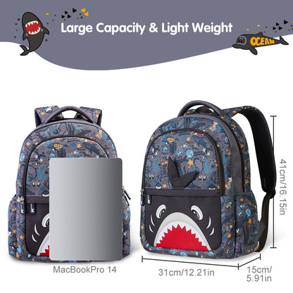 NOHOO Kids 16 Inch School Bag with Lunch Bag, Handbag and Pencil Case (Set of 4) Shark - Grey