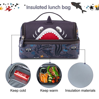 NOHOO Kids 16 Inch School Bag with Lunch Bag, Handbag and Pencil Case (Set of 4) Shark - Grey