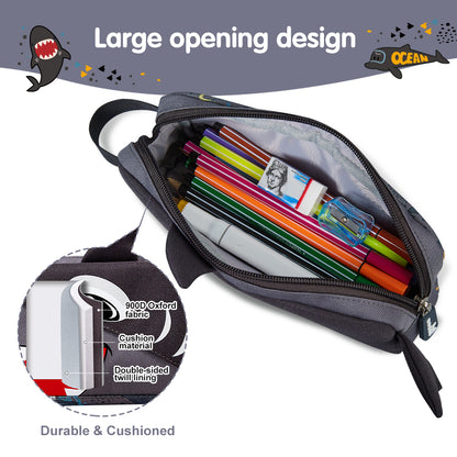 NOHOO Kids 16 Inch School Bag with Lunch Bag, Handbag and Pencil Case (Set of 4) Shark - Grey