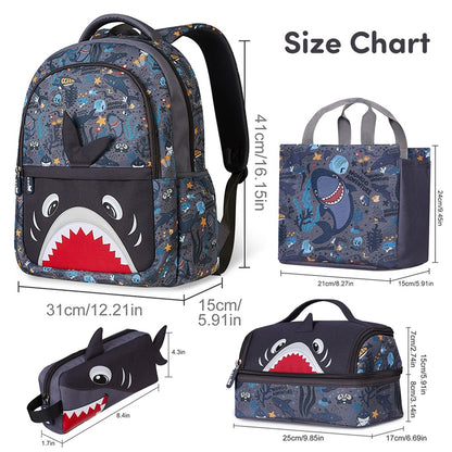 NOHOO Kids 16 Inch School Bag with Lunch Bag, Handbag and Pencil Case (Set of 4) Shark - Grey