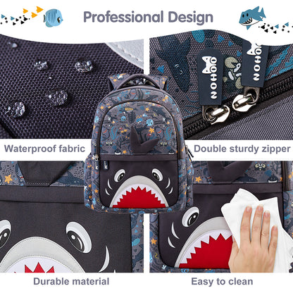 NOHOO Kids 16 Inch School Bag with Lunch Bag, Handbag and Pencil Case (Set of 4) Shark - Grey