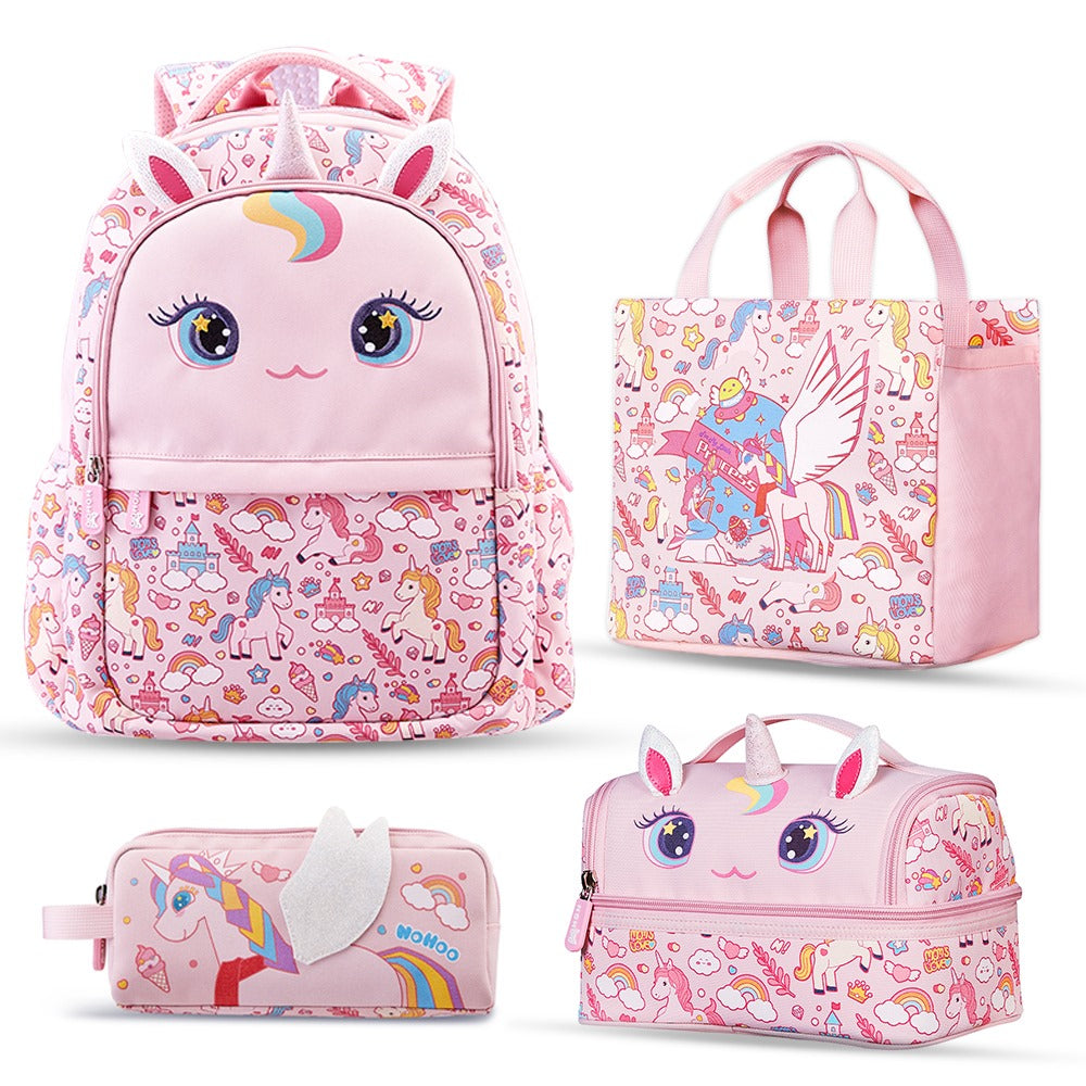 NOHOO Kids 16 Inch School Bag with Lunch Bag, Handbag and Pencil Case (Set of 4) Unicorn - Pink