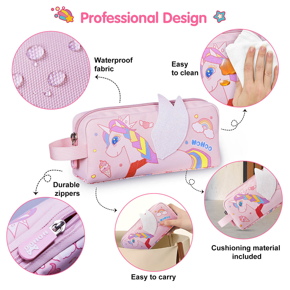 NOHOO Kids 16 Inch School Bag with Lunch Bag, Handbag and Pencil Case (Set of 4) Unicorn - Pink
