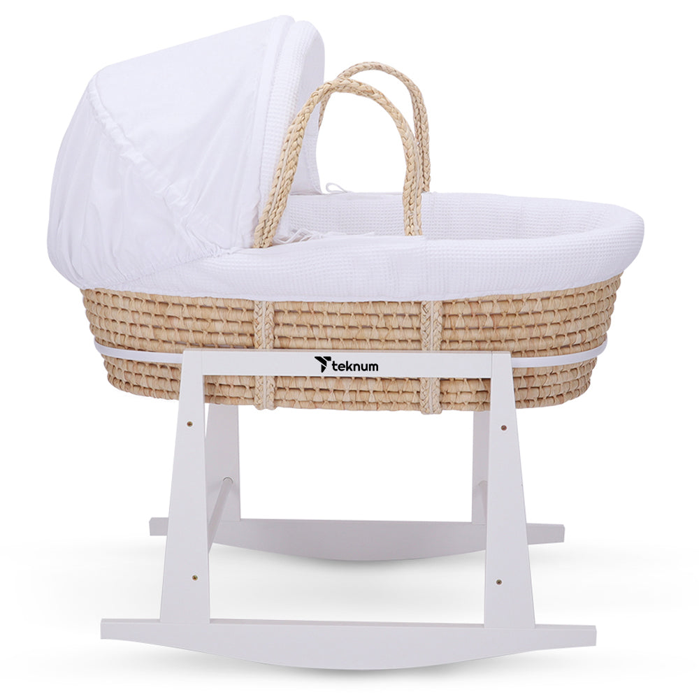 TEKNUM Moses Basket with Waffle Beddings, Mattress and Rocker Stand - Wooden Brown