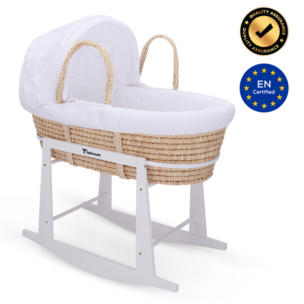 TEKNUM Moses Basket with Waffle Beddings, Mattress and Rocker Stand - Wooden Brown