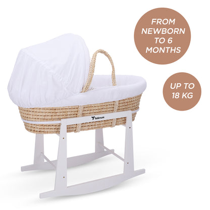 TEKNUM Moses Basket with Waffle Beddings, Mattress and Rocker Stand - Wooden Brown