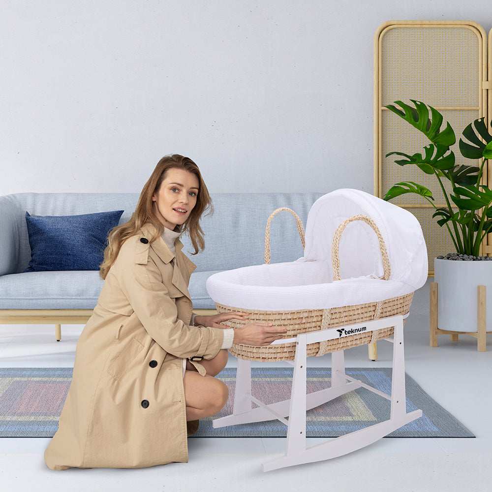 TEKNUM Moses Basket with Waffle Beddings, Mattress and Rocker Stand - Wooden Brown