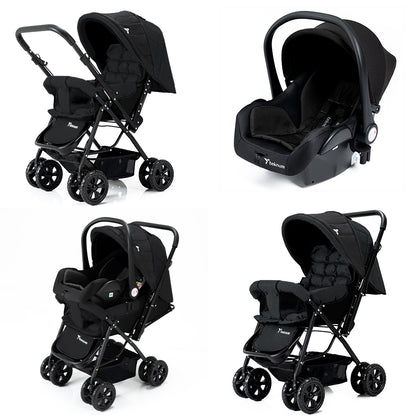 TEKNUM Reversible Trip Stroller + Infant Car Seat | Excellent Shocker | Forward & Parent Facing | Wide Canopy & Seat | 5 - Point Safety Harness | Reversible Handle | Golden Frame | Cup Holder | Big Basket | Easy To Fold | 6 - 36Months | Black