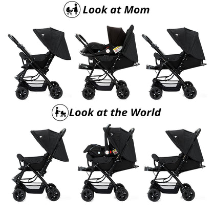 TEKNUM Reversible Trip Stroller + Infant Car Seat | Excellent Shocker | Forward & Parent Facing | Wide Canopy & Seat | 5 - Point Safety Harness | Reversible Handle | Golden Frame | Cup Holder | Big Basket | Easy To Fold | 6 - 36Months | Black