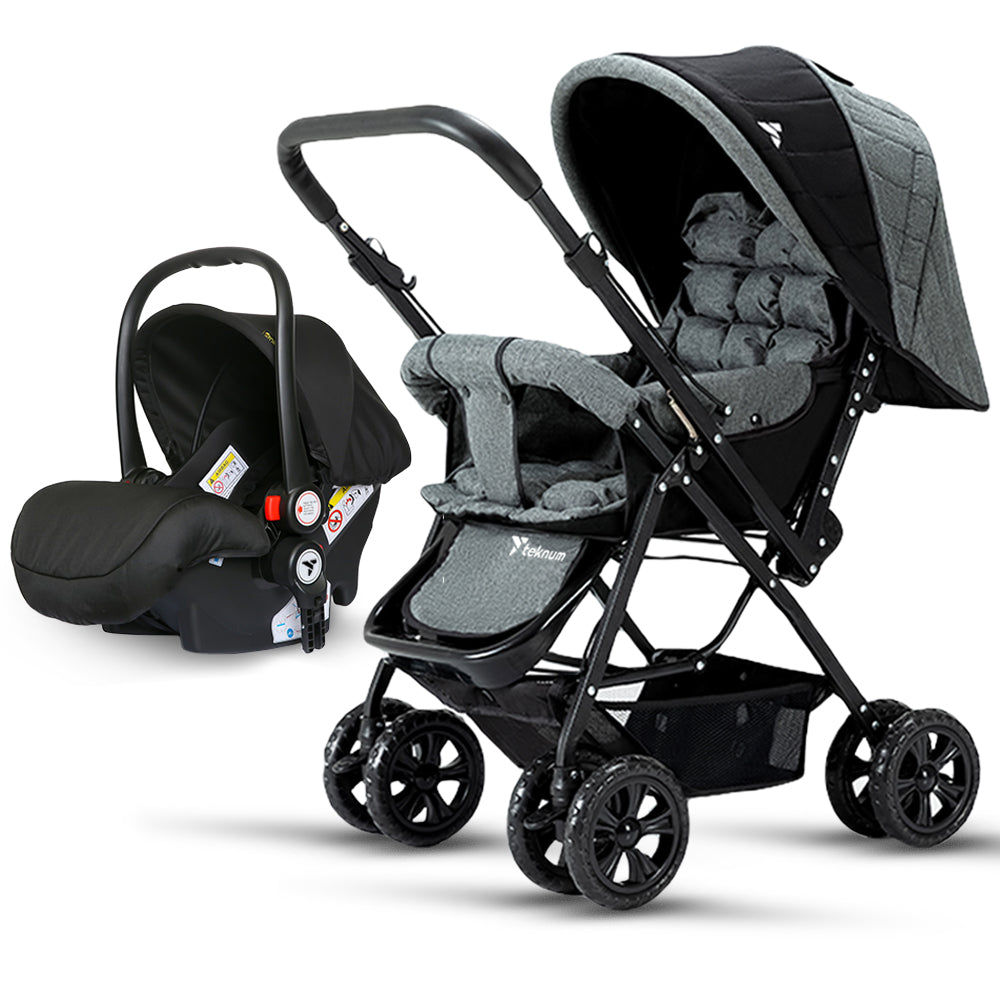 TEKNUM Reversible Trip Stroller + Infant Car Seat | Excellent Shocker | Forward & Parent Facing | Wide Canopy & Seat | 5 - Point Safety Harness | Reversible Handle | Golden Frame | Cup Holder | Big Basket | Easy To Fold | 6 - 36Months | Grey