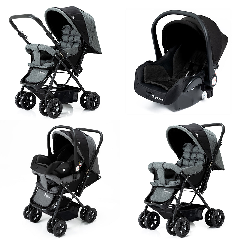 TEKNUM Reversible Trip Stroller + Infant Car Seat | Excellent Shocker | Forward & Parent Facing | Wide Canopy & Seat | 5 - Point Safety Harness | Reversible Handle | Golden Frame | Cup Holder | Big Basket | Easy To Fold | 6 - 36Months | Grey