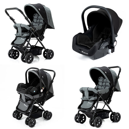 TEKNUM Reversible Trip Stroller + Infant Car Seat | Excellent Shocker | Forward & Parent Facing | Wide Canopy & Seat | 5 - Point Safety Harness | Reversible Handle | Golden Frame | Cup Holder | Big Basket | Easy To Fold | 6 - 36Months | Grey