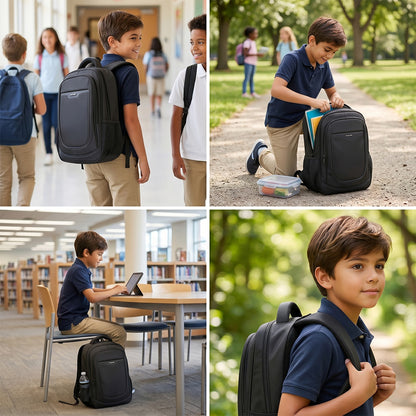 Eazy Kids 16” School Backpack with Laptop Sleeve & 640ml Insulated Stainless Steel Spray Water Bottle Set – Black