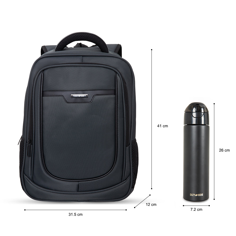Eazy Kids 16” School Backpack with Laptop Sleeve & 640ml Insulated Stainless Steel Spray Water Bottle Set – Grey