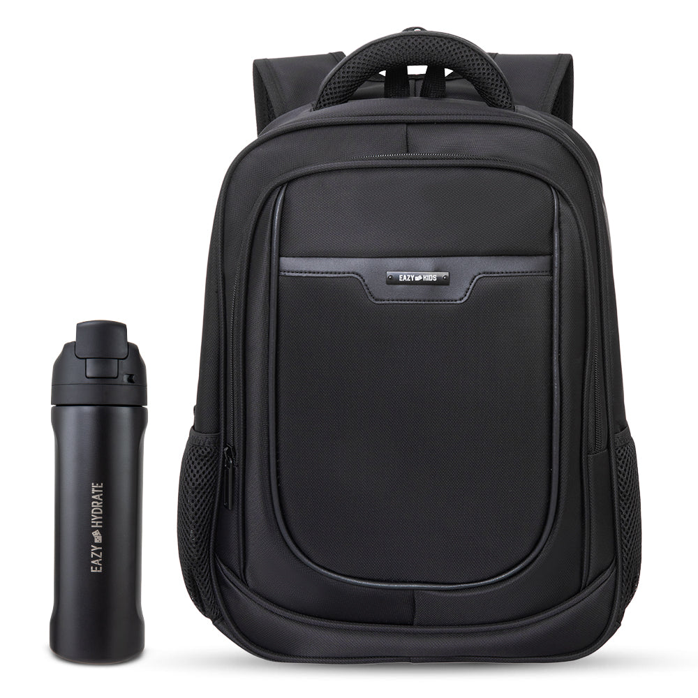 Eazy Kids 16” Backpack with laptop sleeve w/ Stainless Steel Water Bottle 710ml – Black