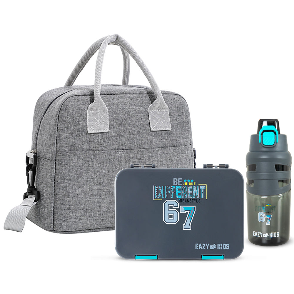 Eazy Kids 4 Compartment Bento Lunch Box w/ Insulated Lunch Bag & Water Bottle 750ml – Urban Grey