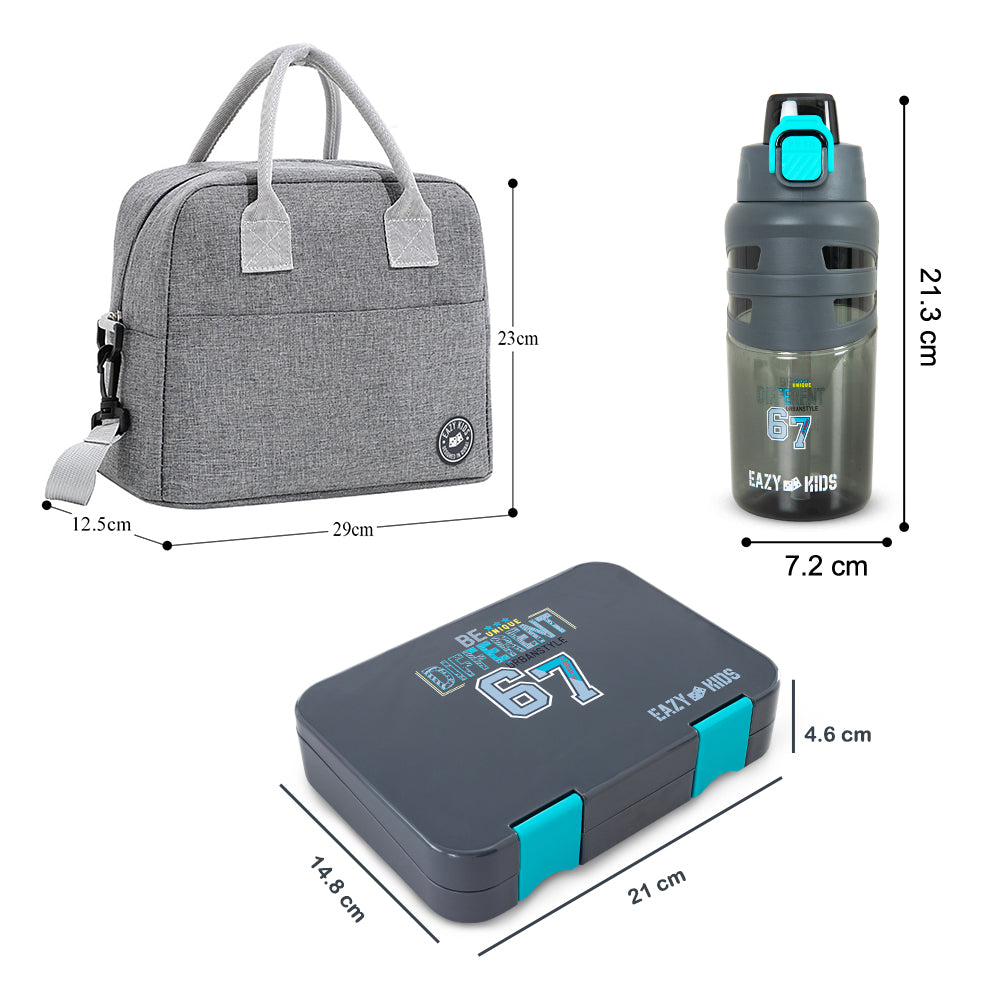 Eazy Kids 4 Compartment Bento Lunch Box w/ Insulated Lunch Bag & Water Bottle 750ml – Urban Grey