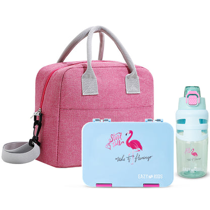 Eazy Kids 4 Compartment Bento Lunch Box w/ Insulated Lunch Bag & Water Bottle 750ml – Flamingo Aqua