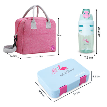 Eazy Kids 4 Compartment Bento Lunch Box w/ Insulated Lunch Bag & Water Bottle 750ml – Flamingo Aqua