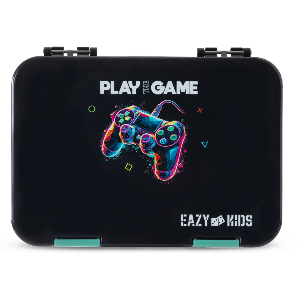 Eazy Kids 4 Compartment Bento Lunch Box w/ Insulated Lunch Bag & Water Bottle 750ml – Gamer Black