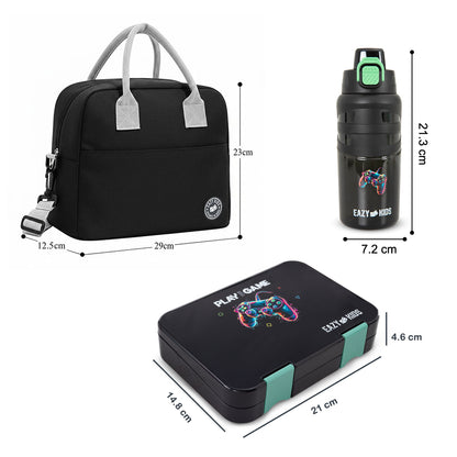 Eazy Kids 4 Compartment Bento Lunch Box w/ Insulated Lunch Bag & Water Bottle 750ml – Gamer Black