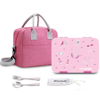 Eazy Kids Convertible Bento Lunch Box w/ Insulated Lunch Bag-Pink
