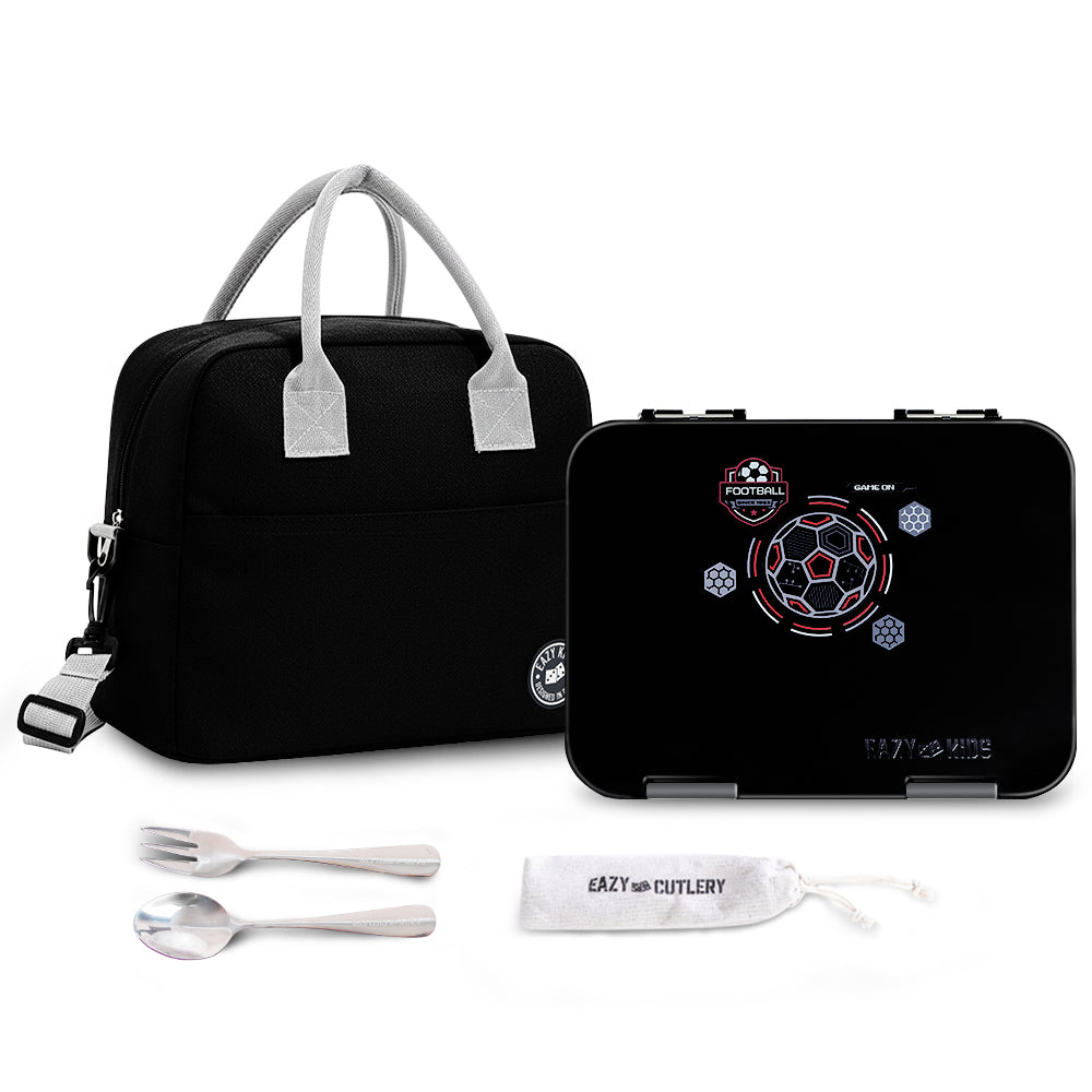 Eazy Kids Convertible Bento Lunch Box w/ Insulated Lunch Bag – Football Black