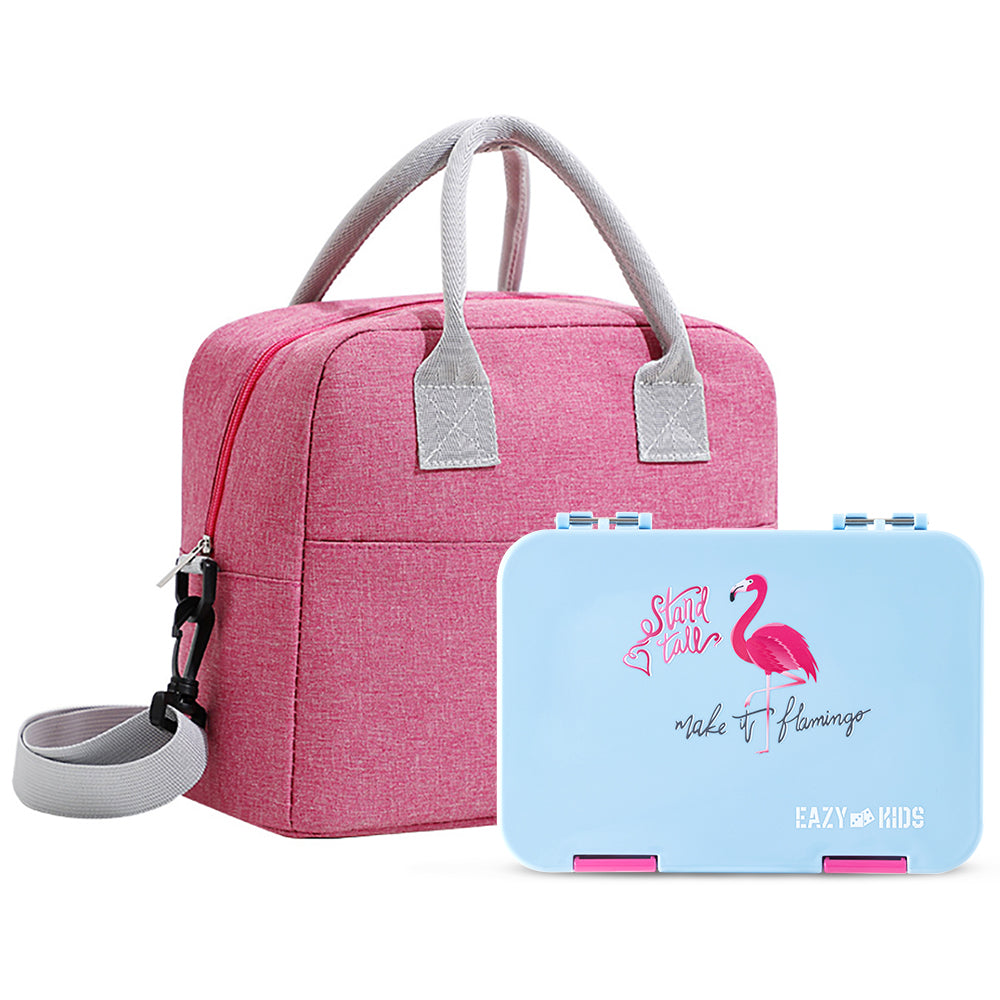 Eazy Kids 4 Compartment Bento Lunch Box w/ Insulated Lunch Bag – Flamingo Aqua