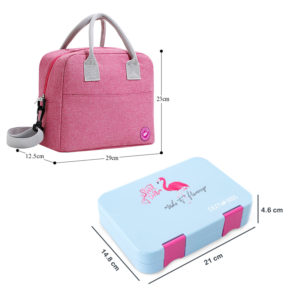 Eazy Kids 4 Compartment Bento Lunch Box w/ Insulated Lunch Bag – Flamingo Aqua