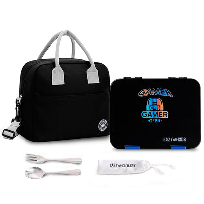 Eazy Kids Convertible Bento Lunch Box w/ Insulated Lunch Bag – Gamer Black