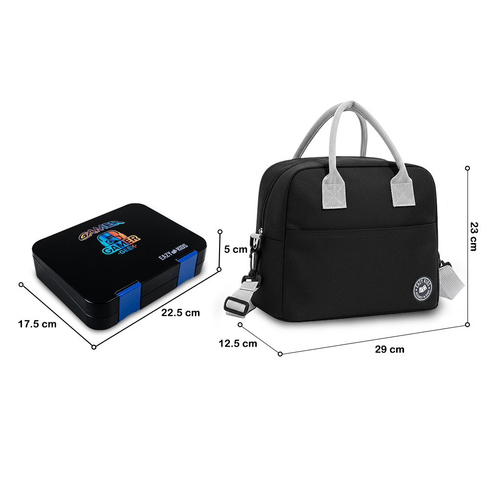 Eazy Kids Convertible Bento Lunch Box w/ Insulated Lunch Bag – Gamer Black