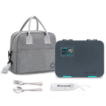 Eazy Kids Convertible Bento Lunch Box w/ Insulated Lunch Bag – Game ON Grey
