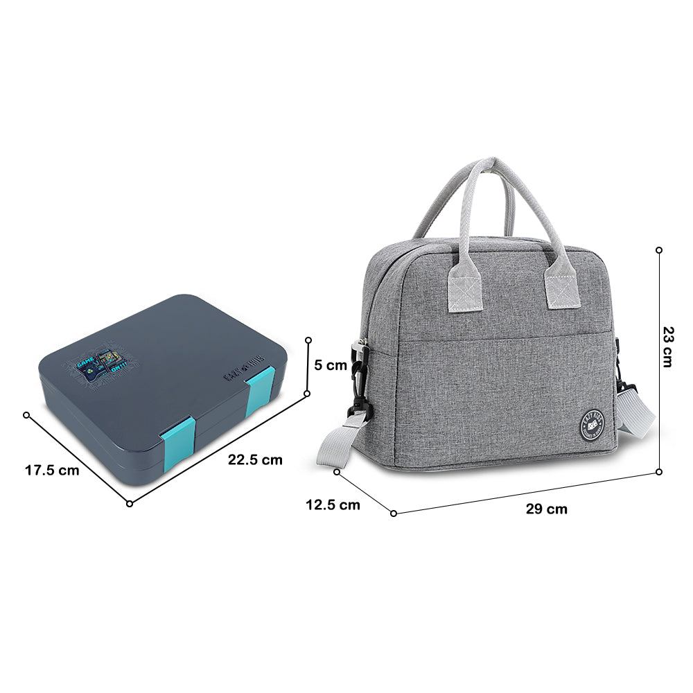 Eazy Kids Convertible Bento Lunch Box w/ Insulated Lunch Bag – Game ON Grey