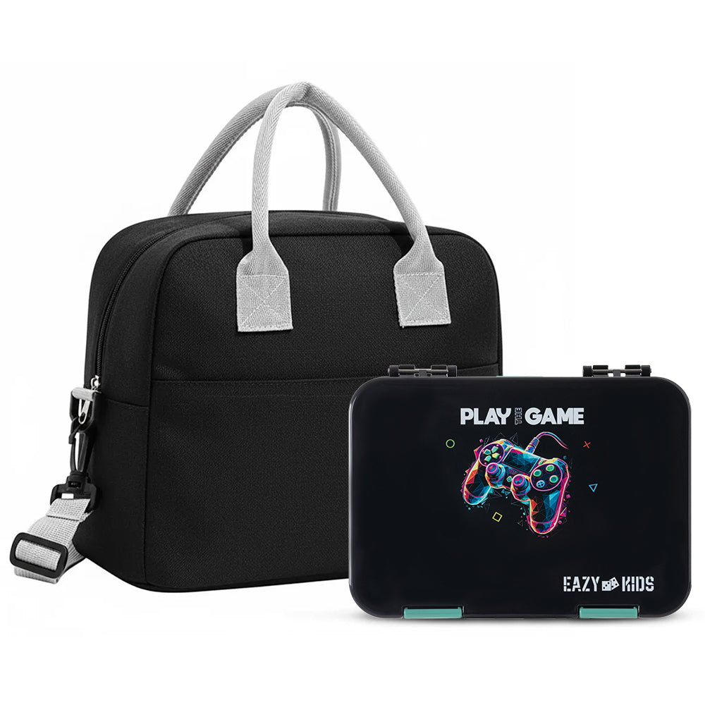 Eazy Kids 4 Compartment Bento Lunch Box w/ Insulated Lunch Bag – Gamer Black