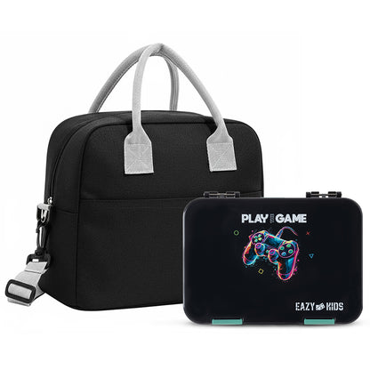 Eazy Kids 4 Compartment Bento Lunch Box w/ Insulated Lunch Bag – Gamer Black