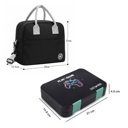 Eazy Kids 4 Compartment Bento Lunch Box w/ Insulated Lunch Bag – Gamer Black