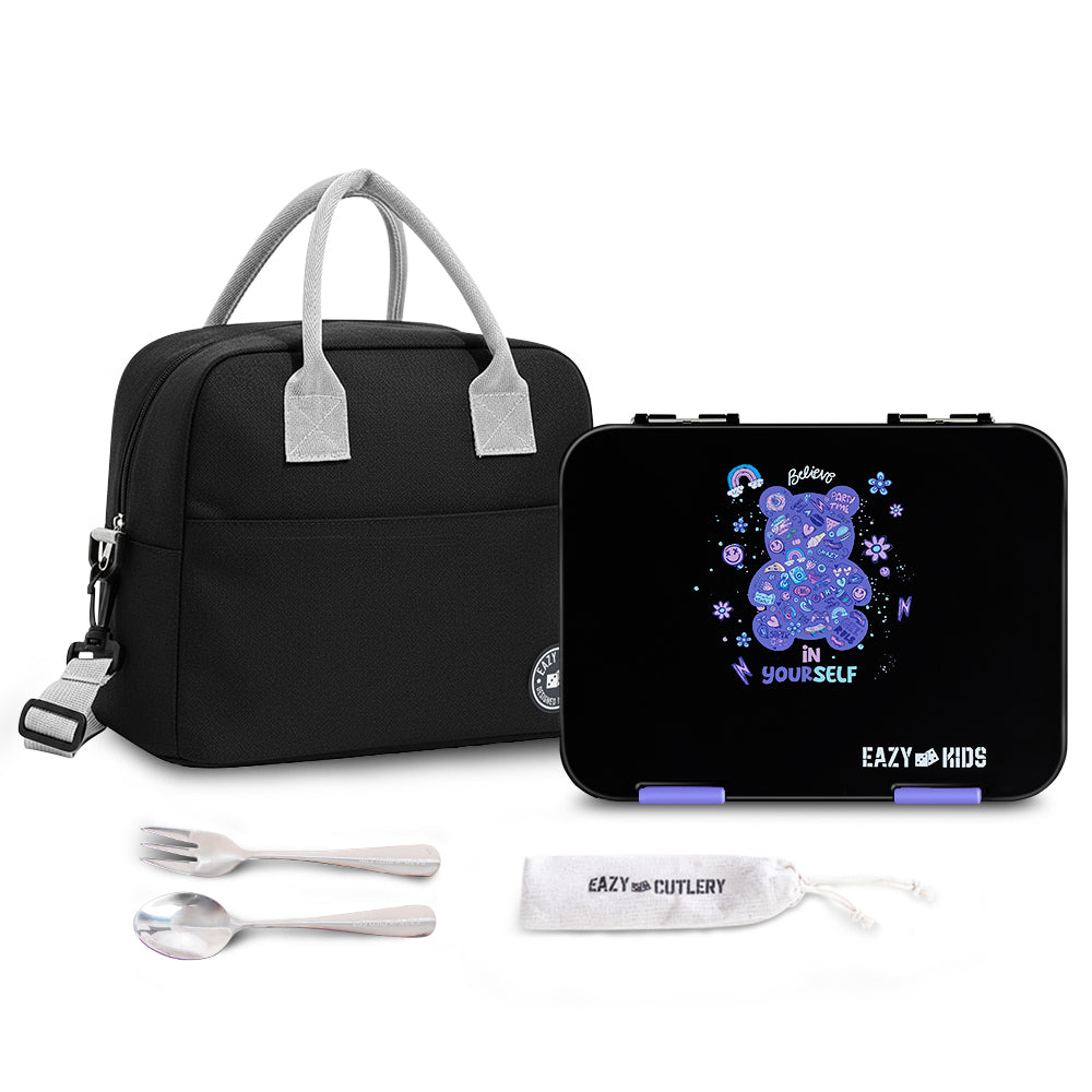 Eazy Kids Convertible Bento Lunch Box w/ Insulated Lunch Bag – Teddy Black