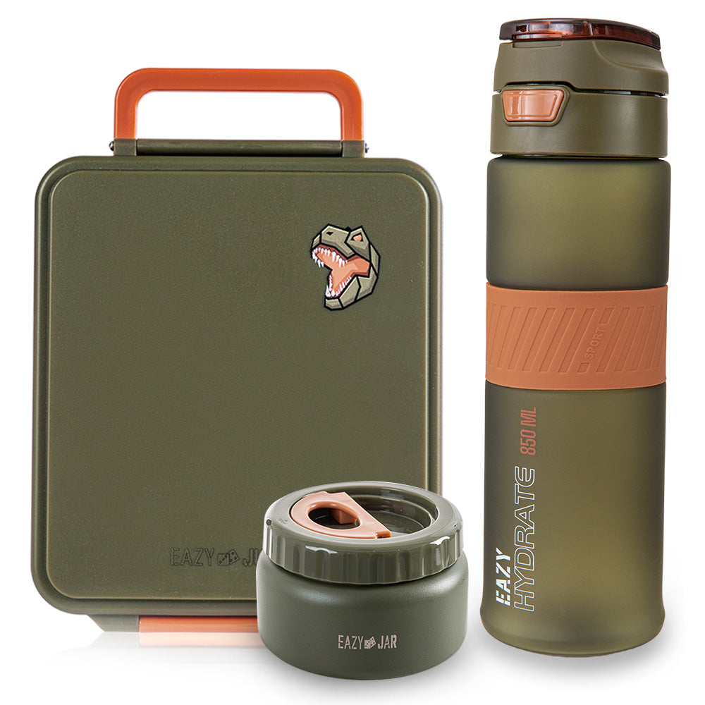 Eazy Kids Jumbo Bento Lunch Box w/ Tritan Water Bottle 850ml – Olive Green