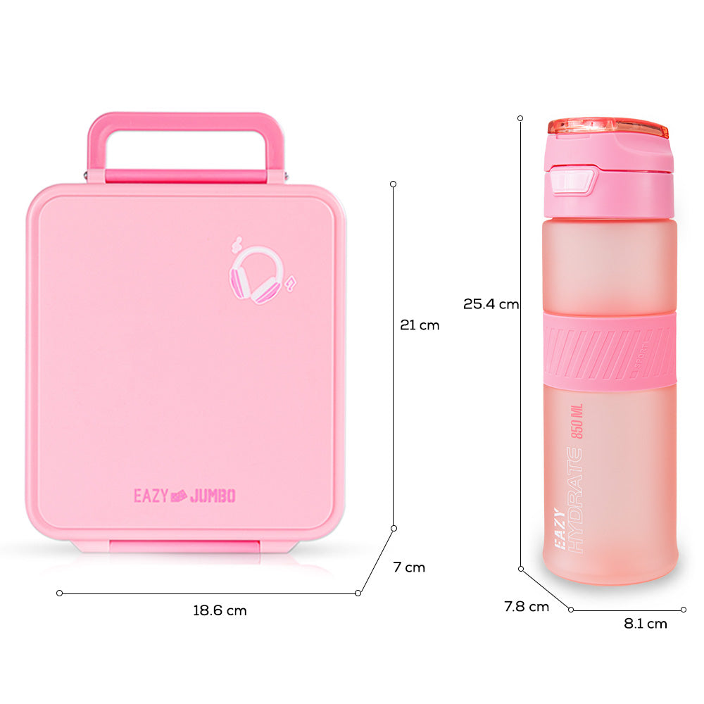 Eazy Kids Jumbo Bento Lunch Box w/ Tritan Water Bottle 850ml – Pink