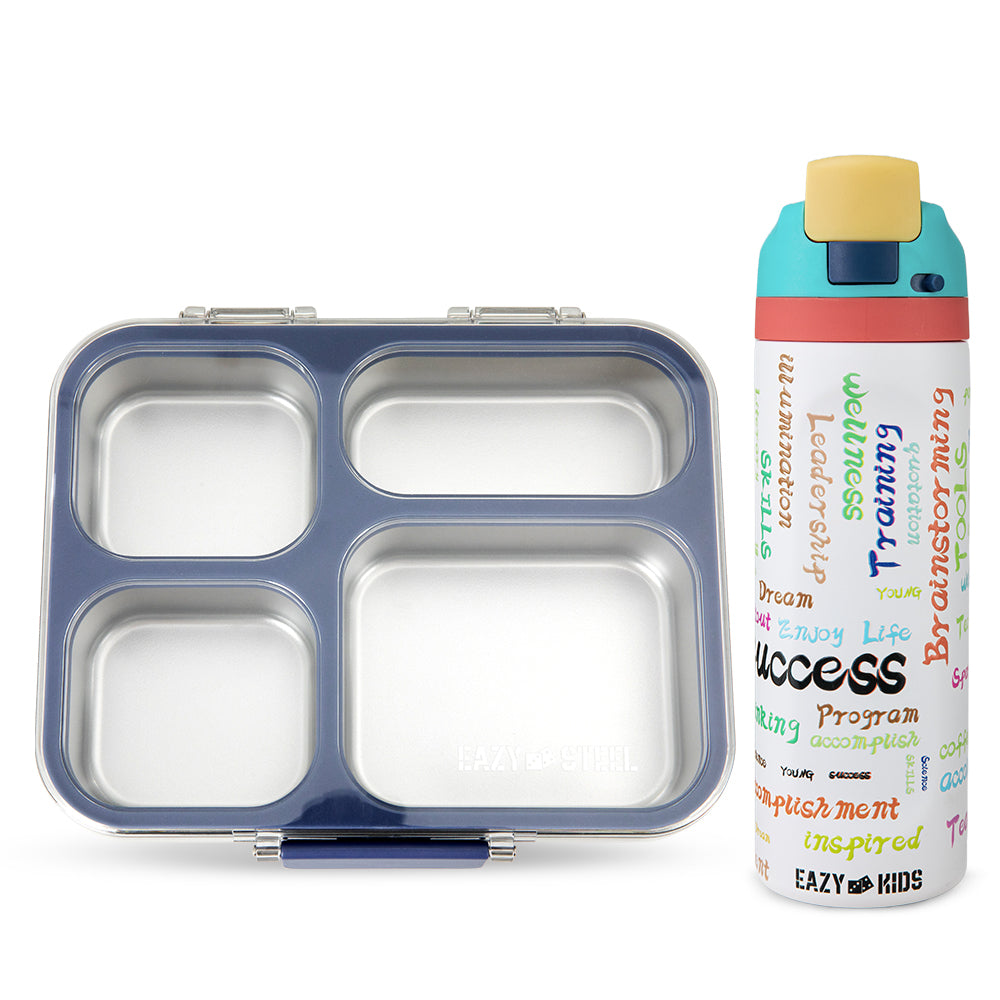 Eazy Kids Stainless Steel Bento Lunch Box 945ml w/ Stainless Steel Water Bottle 710ml – Blue