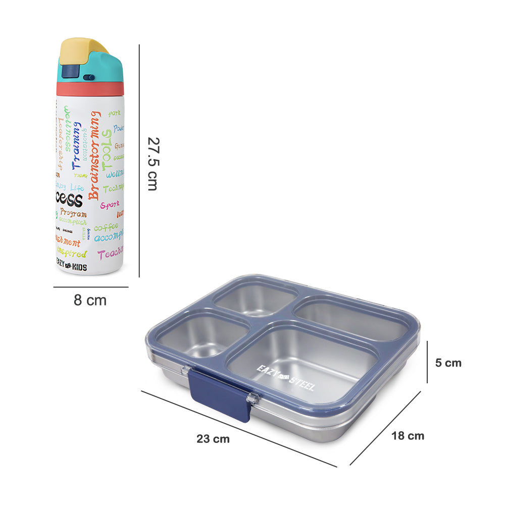 Eazy Kids Stainless Steel Bento Lunch Box 945ml w/ Stainless Steel Water Bottle 710ml – Blue