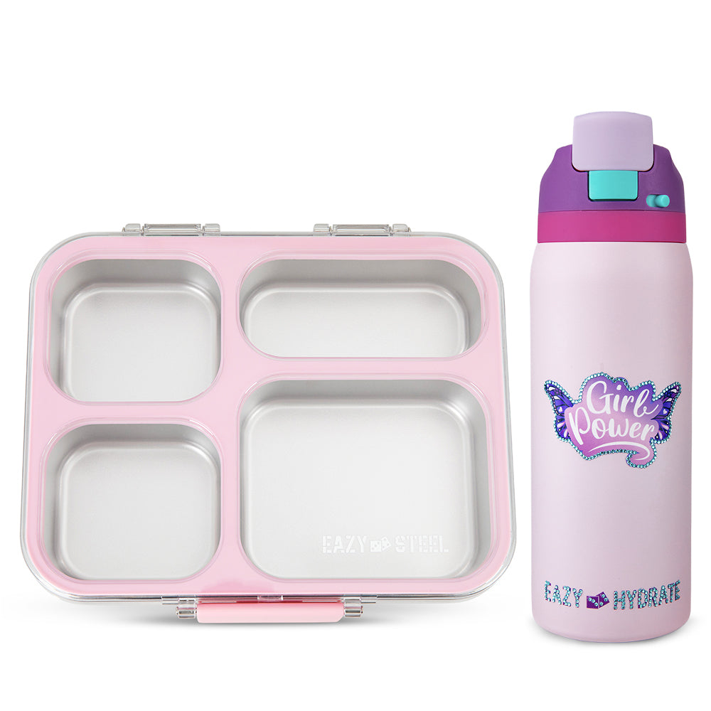 Eazy Kids Stainless Steel Bento Lunch Box 945ml w/ Stainless Steel Water Bottle 948ml – Pink