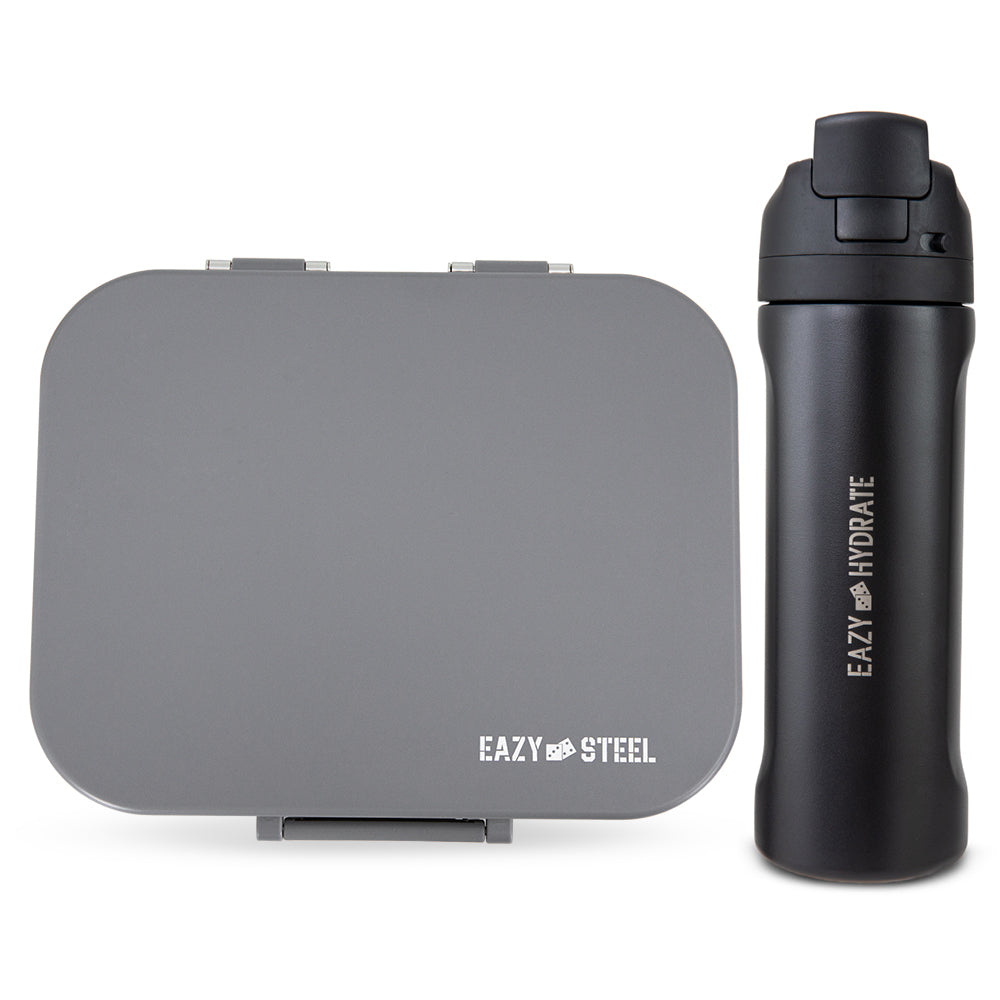 Eazy Kids Premium Stainless Steel Lunch Box w/ Stainless Steel Water Bottle 710ml – Grey