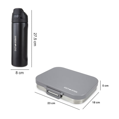 Eazy Kids Premium Stainless Steel Lunch Box w/ Stainless Steel Water Bottle 710ml – Grey