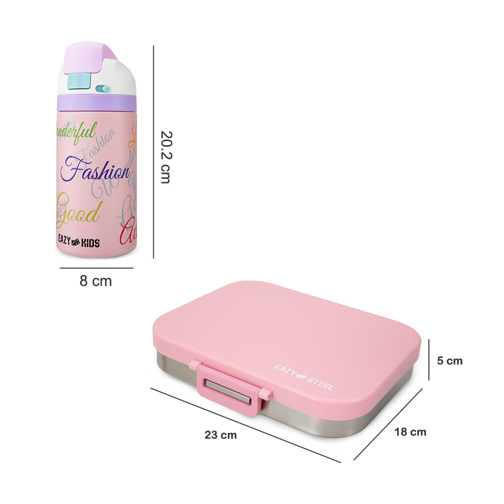 Eazy Kids Premium Stainless Steel Bento Lunch Box w/ Stainless Steel Water Bottle 445ml – Pink