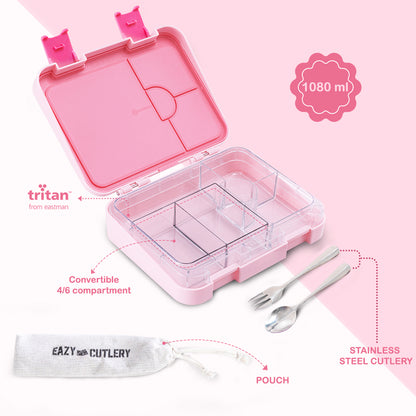 Eazy Kids Convertible Bento Lunch Box w/ Insulated Stainless Steel Water Bottle 640ml – Life Pink